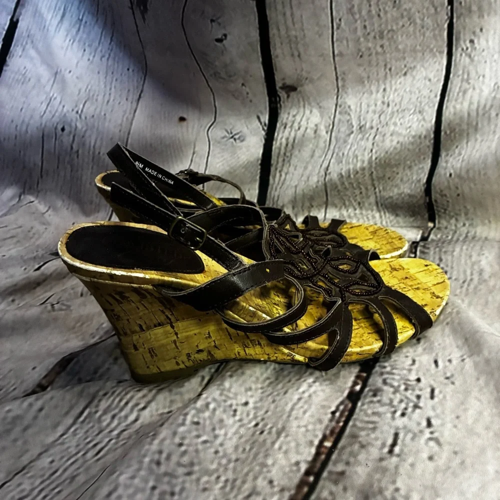 Unlisted Womens Bet On Me Brown Caged Strappy Cork Wedge Sandal Y2K Sz 8.5 AS IS